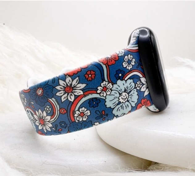 Muted Red, White & Blue Flower Watch Band compatible with Apple Watch Fitbit Samsung