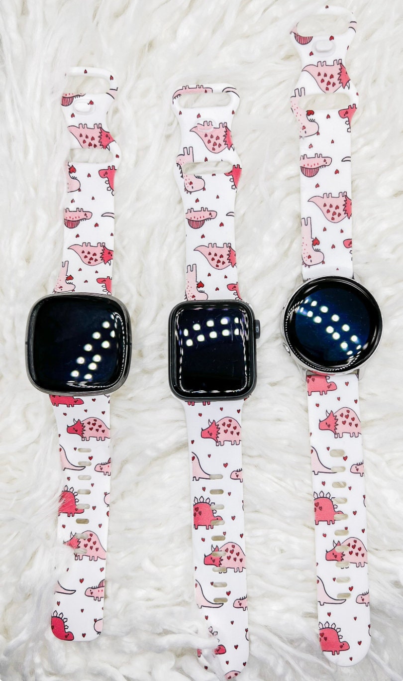 Pink Dinosaur Valentines Day Silicone Watch Band compatible with Apple Watch Fitbit Samsung