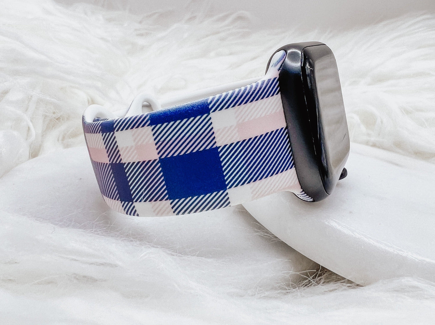 Pink and blue plaid Christmas Watch Band compatible with Apple Watch Fitbit Samsung